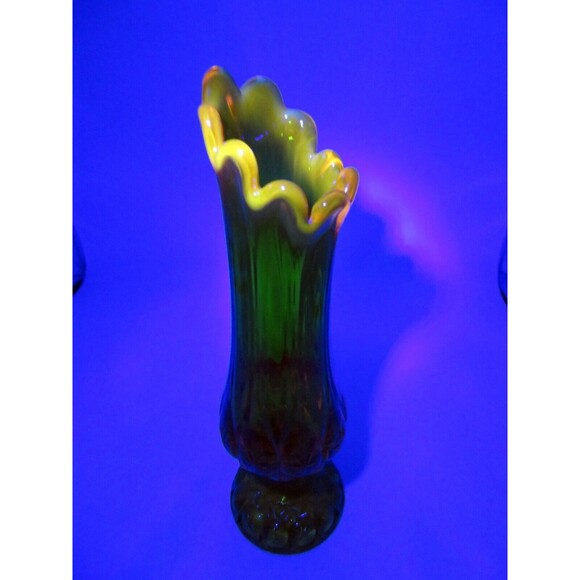 Vintage 12" Kanawha Cadmium Amber Glass Moon and Stars Footed Swung Vase UV Glow - Picture 2 of 13